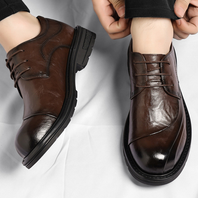 Men'S Formal Party Wear Shoes - Kahverengi Parlatılmış Hakiki Deri Bağcıklı Kalın
