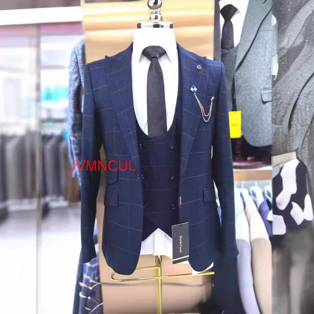 Men Formal Wear Pants - Erkek Ekose 3 Parça Takım Elbise