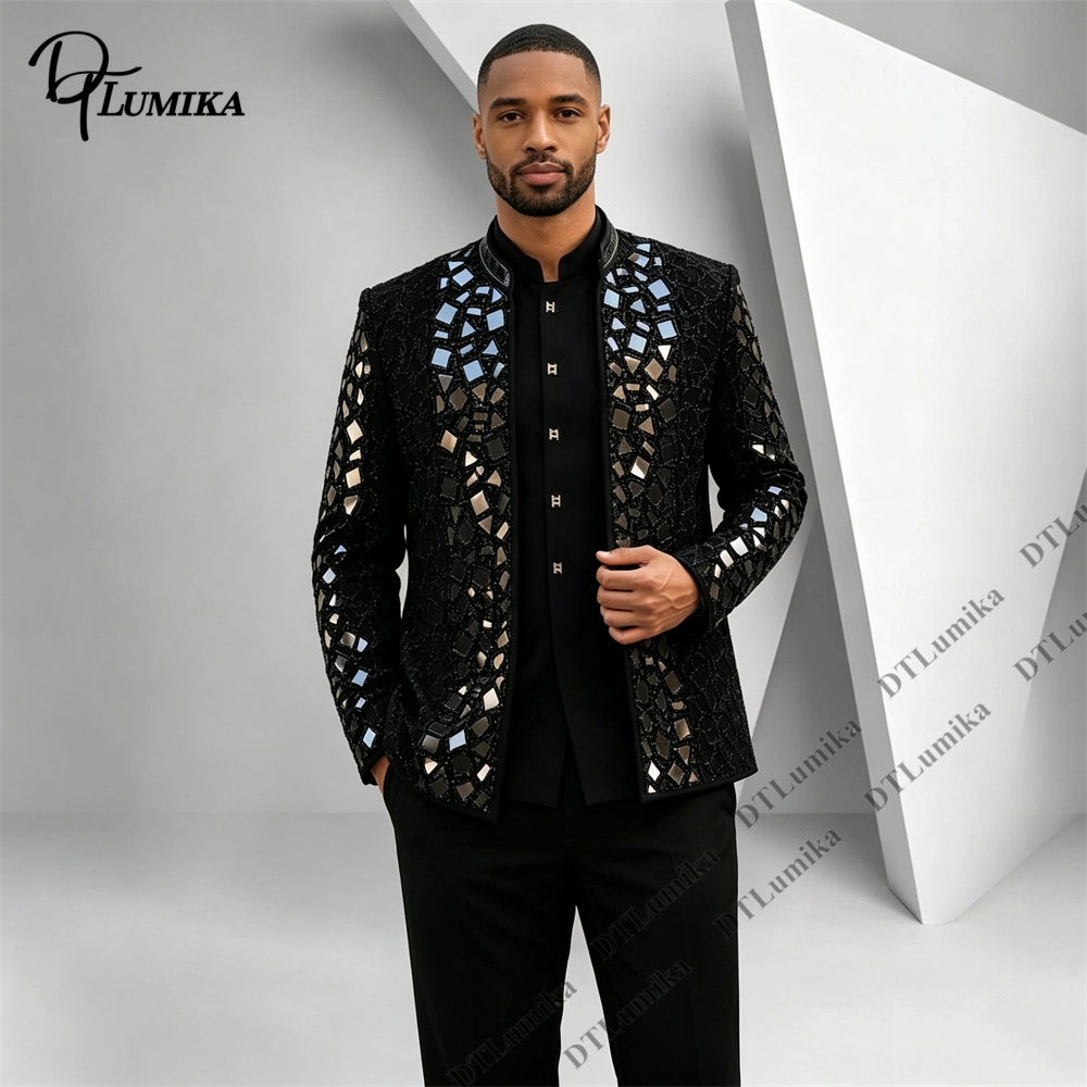 Men Formal Wear Pants - Erkekler Siyah Mandarin Yaka Takım Elbise