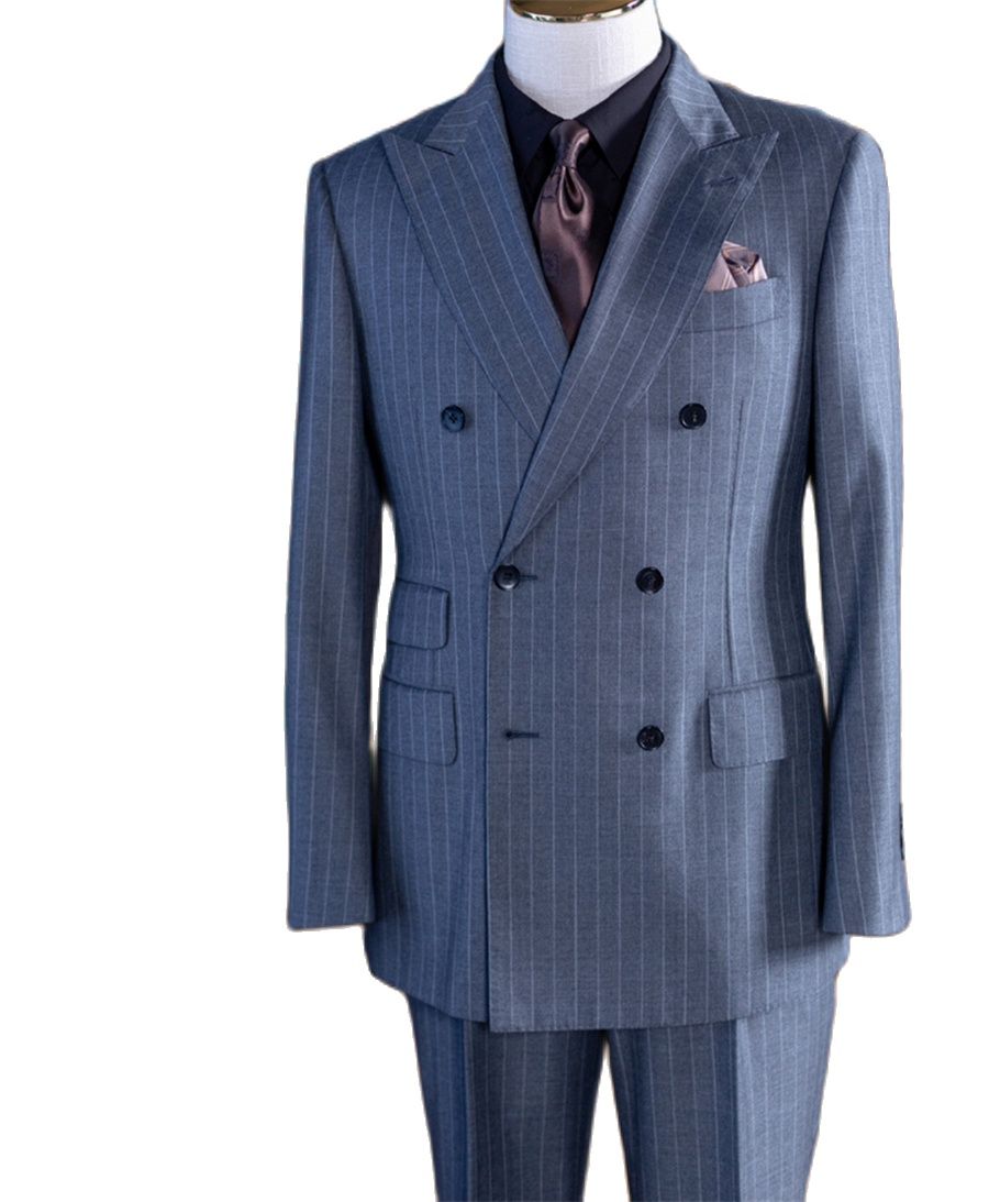 Men Formal Wear Pants - Gri Çizgili Kruvaze Klasik Erkek Takım