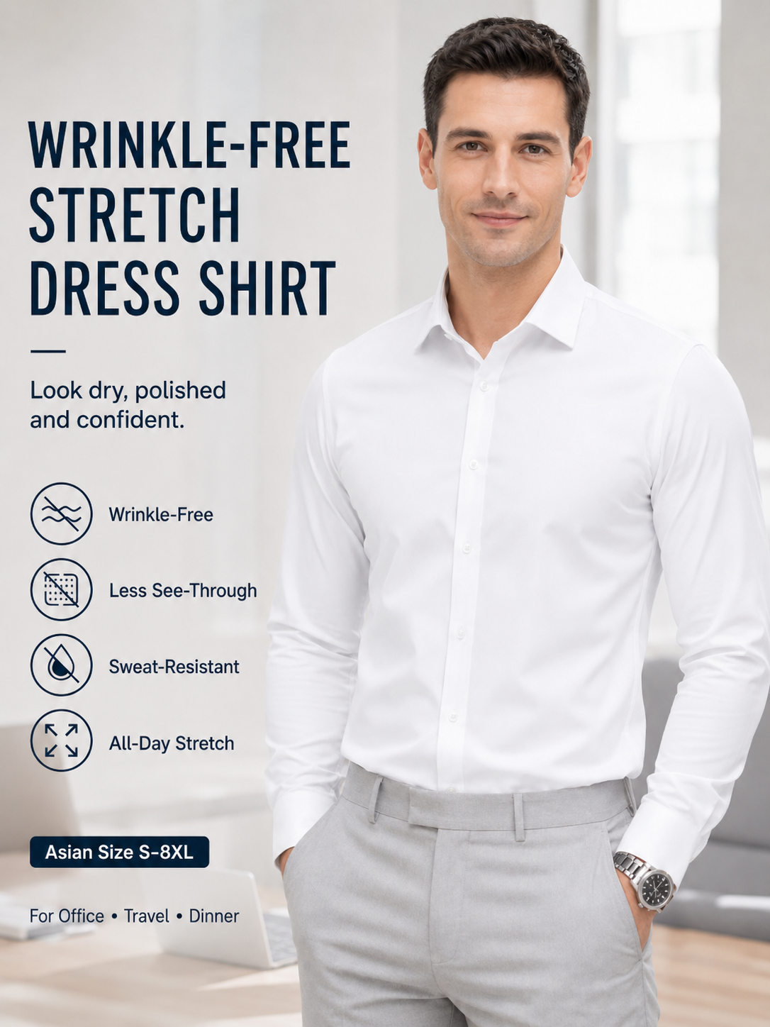 Mens Formal - Ütü İstemeyen Esnek Erkek Gömlek Uzun