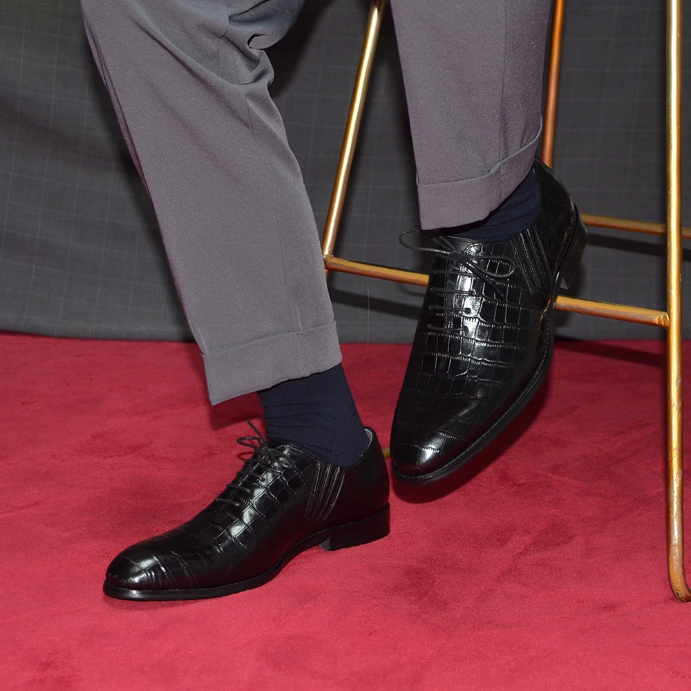 Men'S Formal Party Wear Shoes - Erkek Siyah Timsah Desenli Deri Ayakkabı